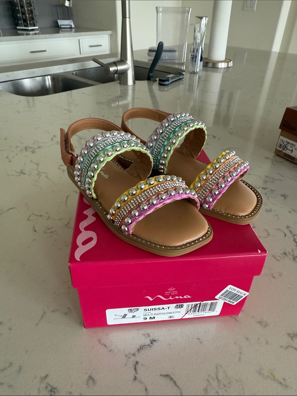 Nina Suissa-T sandals colorful multi-raffia straps/rhinestone embellishments 9